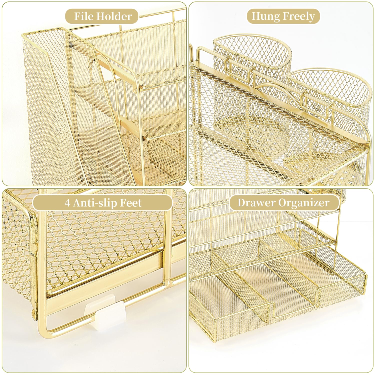 gianotter Desk Organizers and Accessories with File Holder, 4-Tier Desk Accessories & Workspace Organizers with Drawer and 2 Pen Holder, Paper Organizer for Office Supplies (Rose Gold)