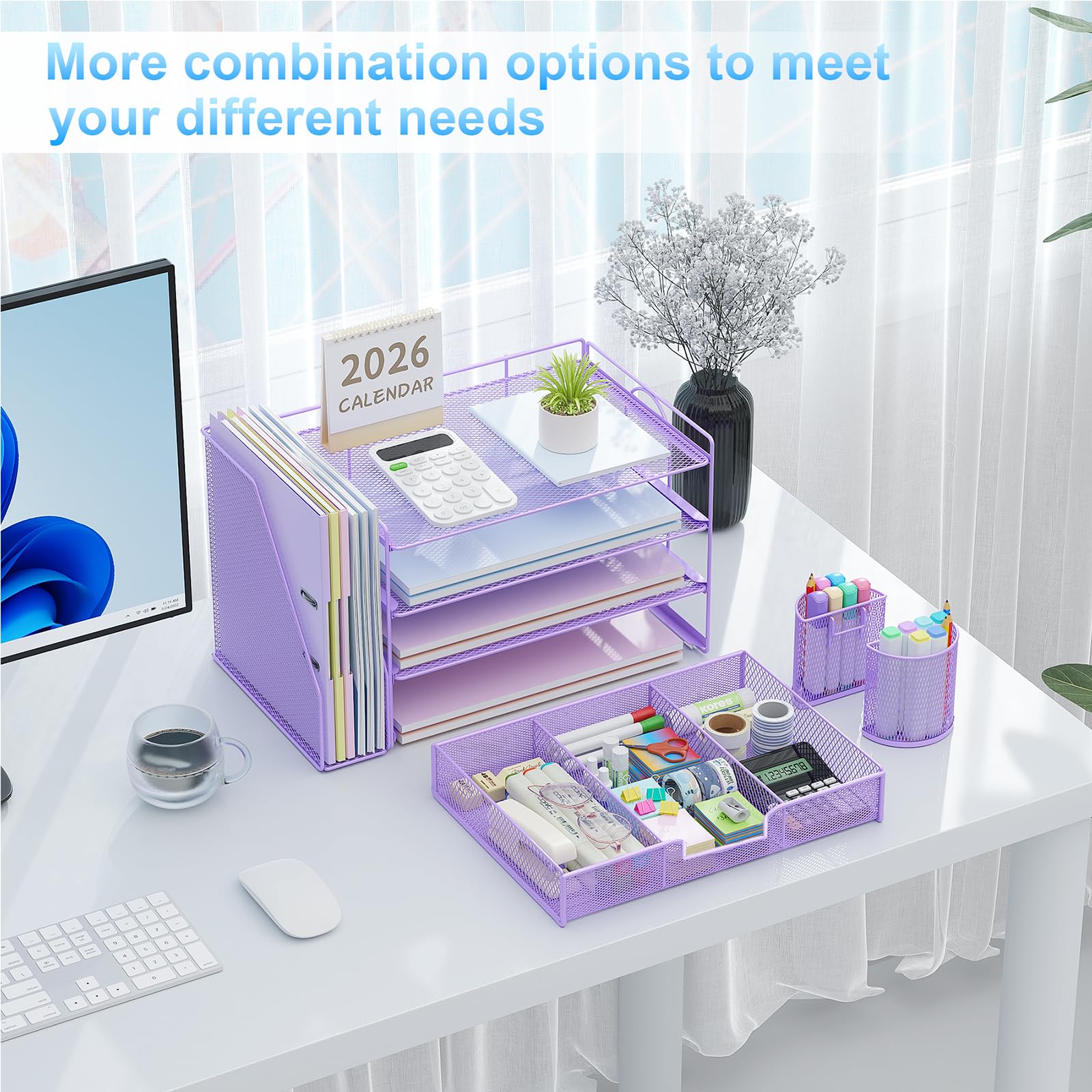 gianotter Desk Organizers and Accessories with File Holder, 4-Tier Desk Accessories & Workspace Organizers with Drawer and 2 Pen Holder, Paper Organizer for Office Supplies (Rose Gold)