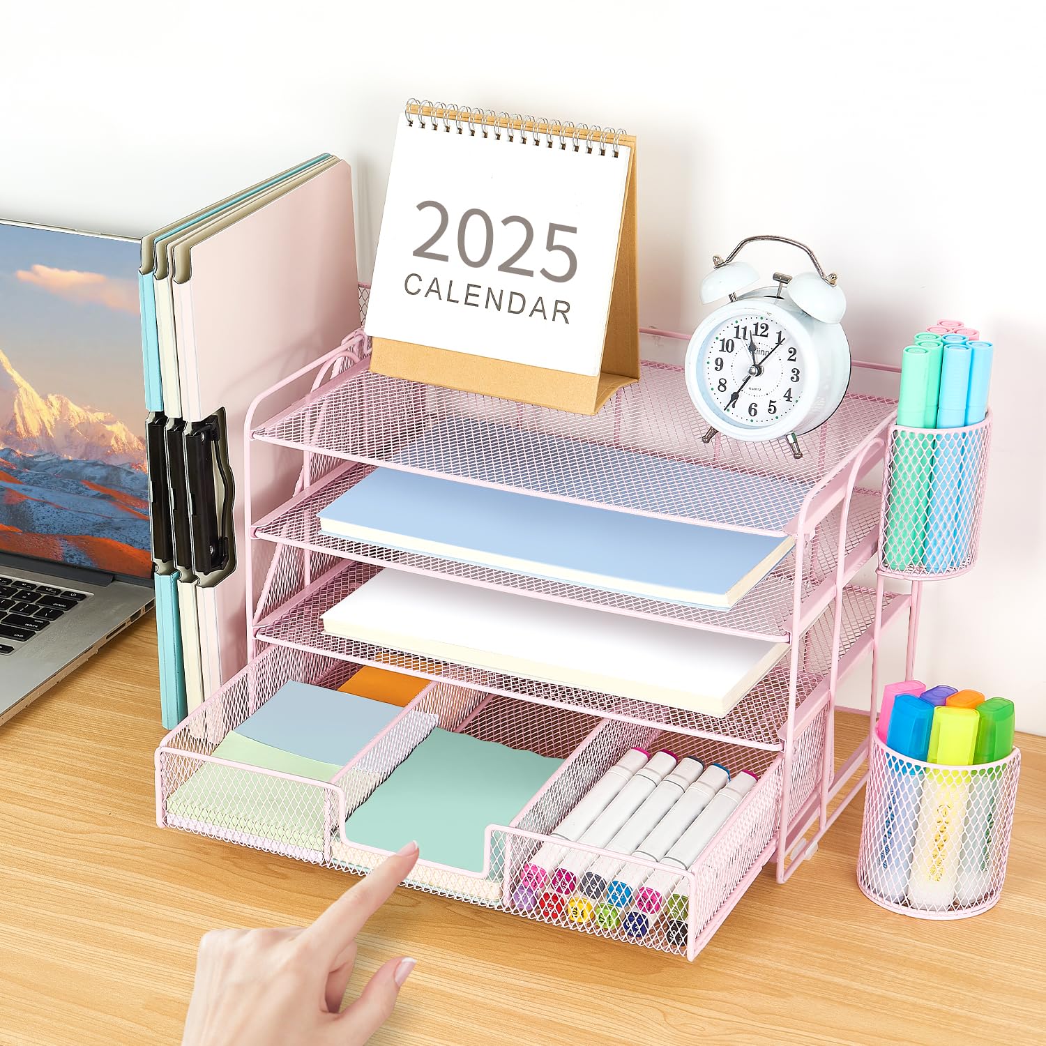gianotter Desk Organizers and Accessories with File Holder, 4-Tier Desk Accessories & Workspace Organizers with Drawer and 2 Pen Holder, Paper Organizer for Office Supplies (Rose Gold)