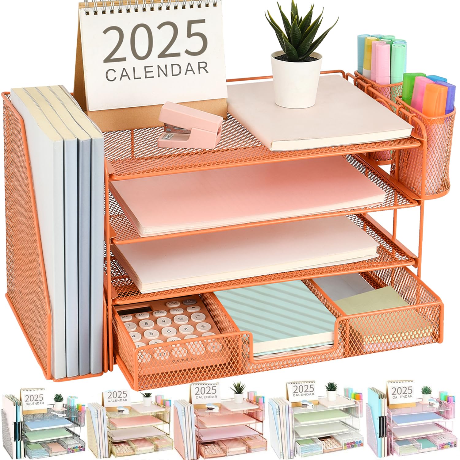 gianotter Desk Organizers and Accessories with File Holder, 4-Tier Desk Accessories & Workspace Organizers with Drawer and 2 Pen Holder, Paper Organizer for Office Supplies (Rose Gold)
