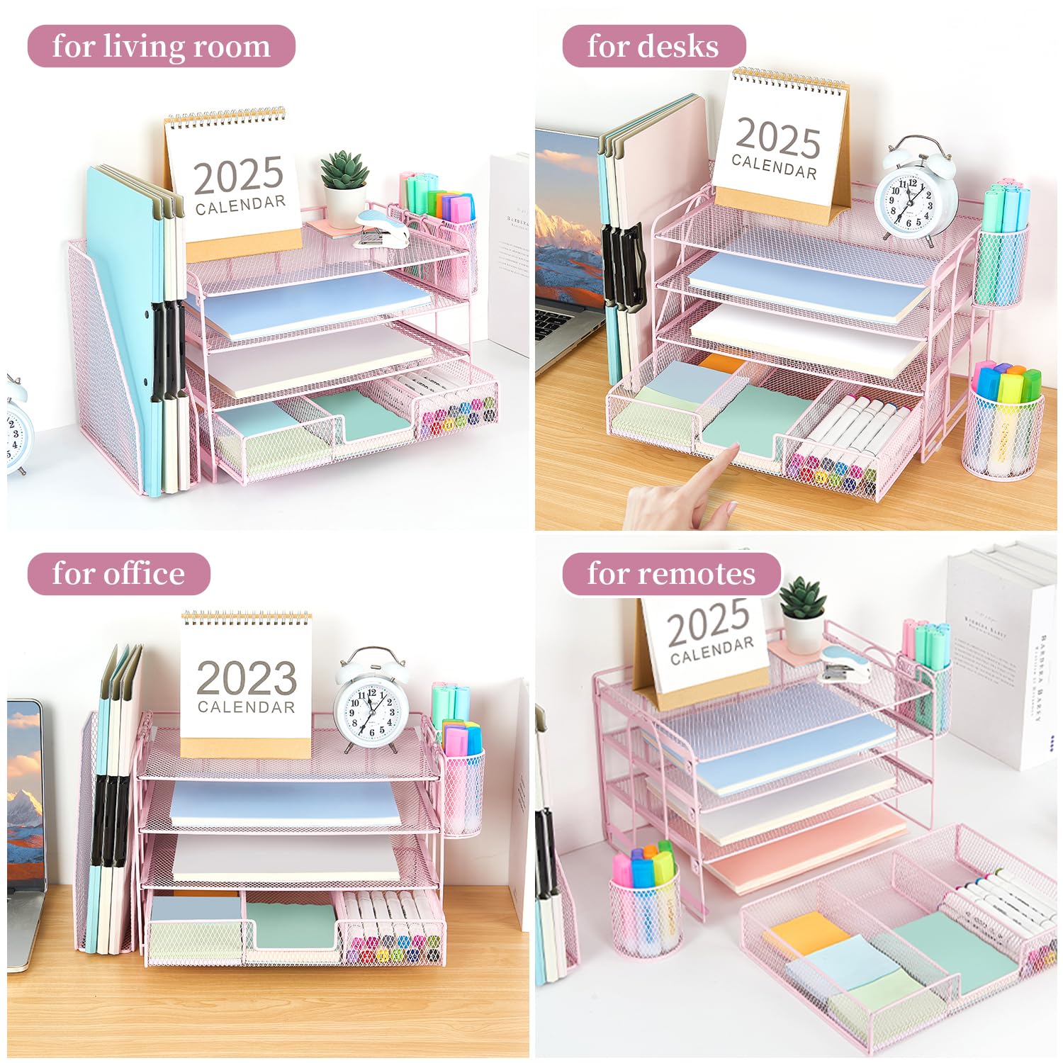 gianotter Desk Organizers and Accessories with File Holder, 4-Tier Desk Accessories & Workspace Organizers with Drawer and 2 Pen Holder, Paper Organizer for Office Supplies (Rose Gold)