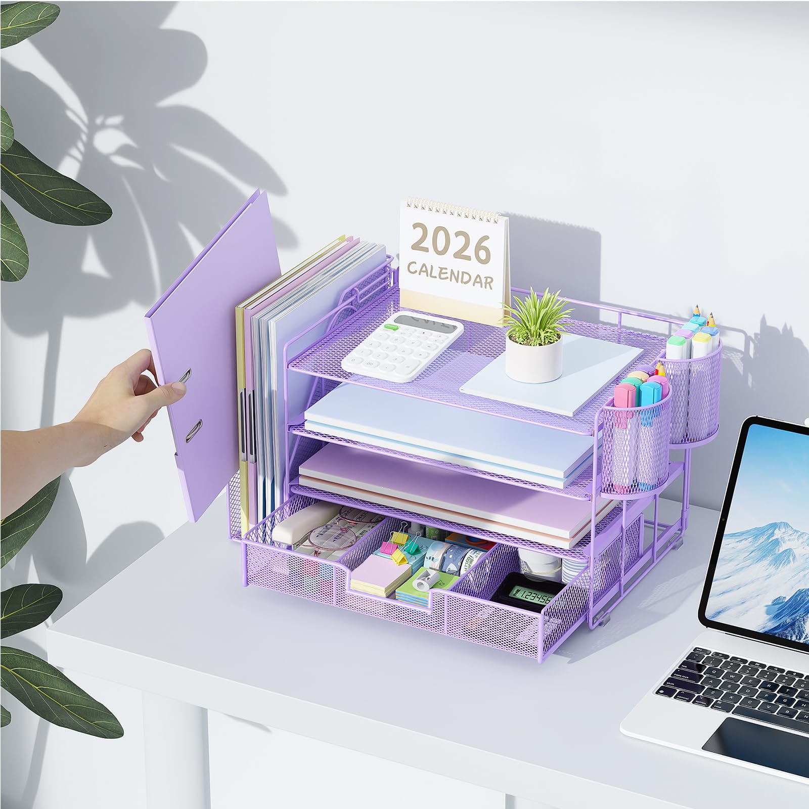 gianotter Desk Organizers and Accessories with File Holder, 4-Tier Desk Accessories & Workspace Organizers with Drawer and 2 Pen Holder, Paper Organizer for Office Supplies (Rose Gold)