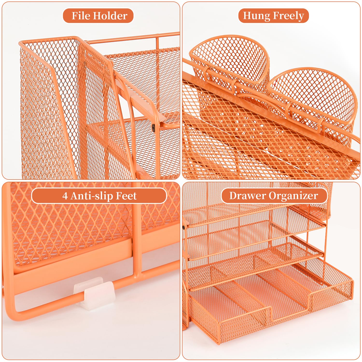 gianotter Desk Organizers and Accessories with File Holder, 4-Tier Desk Accessories & Workspace Organizers with Drawer and 2 Pen Holder, Paper Organizer for Office Supplies (Rose Gold)