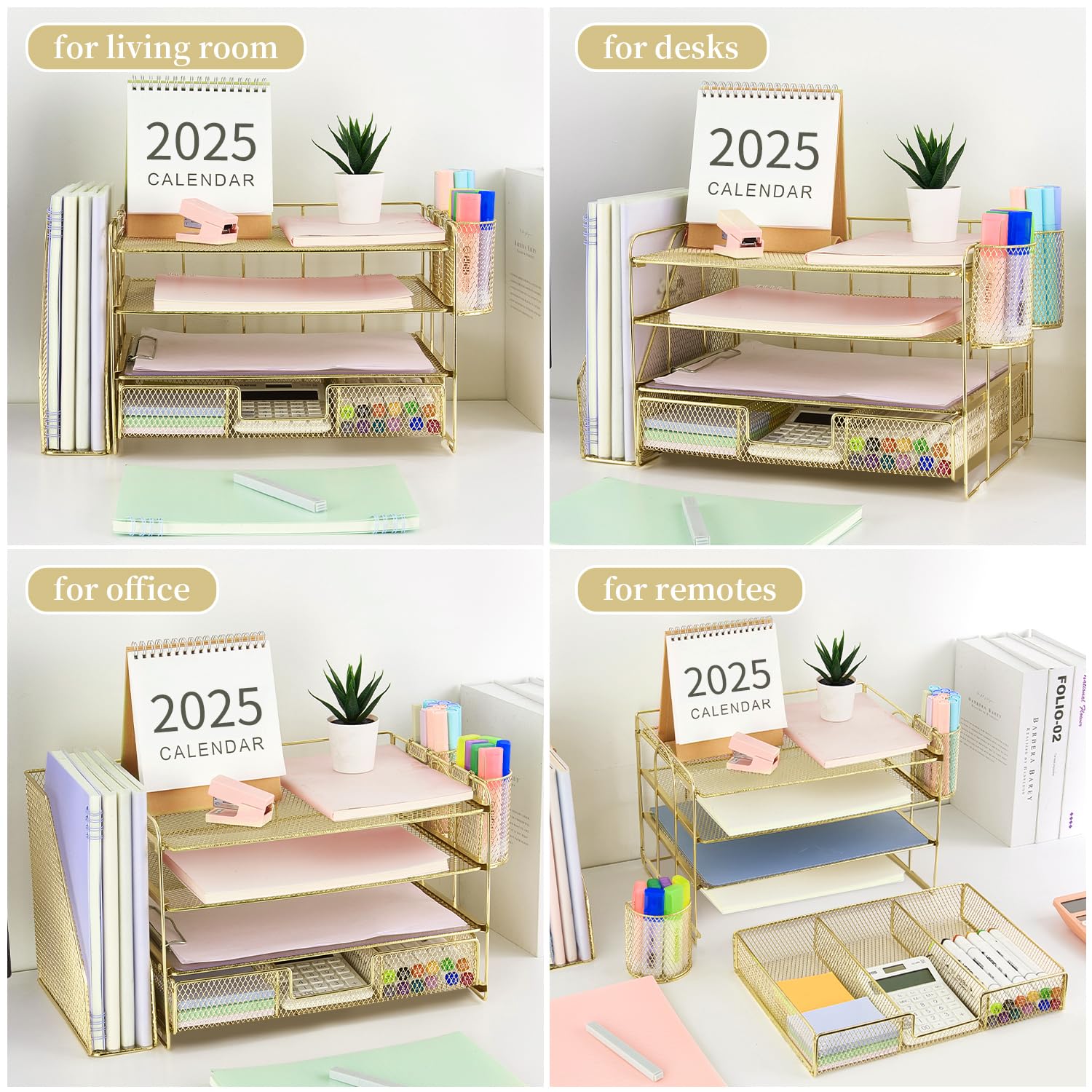 gianotter Desk Organizers and Accessories with File Holder, 4-Tier Desk Accessories & Workspace Organizers with Drawer and 2 Pen Holder, Paper Organizer for Office Supplies (Rose Gold)