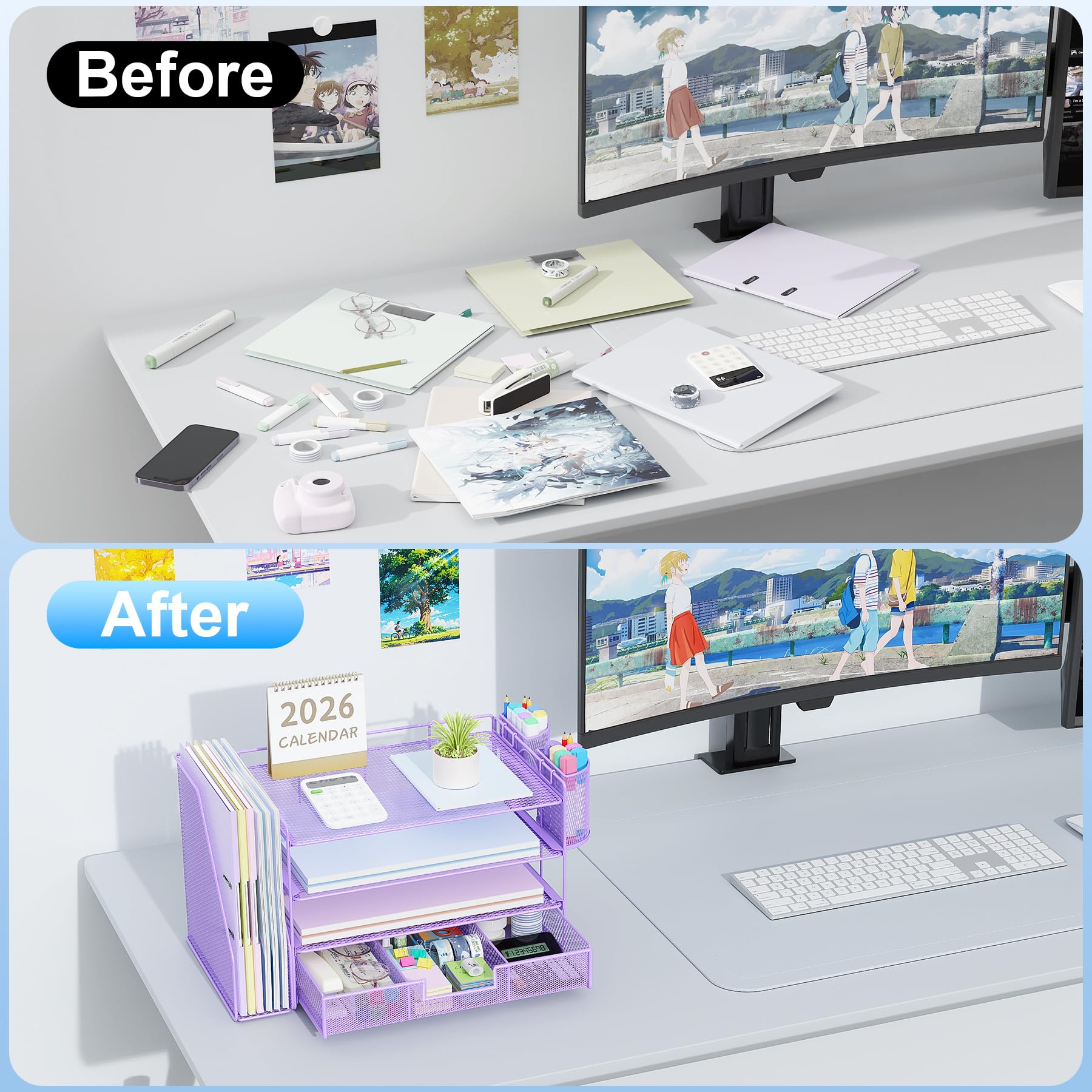 gianotter Desk Organizers and Accessories with File Holder, 4-Tier Desk Accessories & Workspace Organizers with Drawer and 2 Pen Holder, Paper Organizer for Office Supplies (Rose Gold)