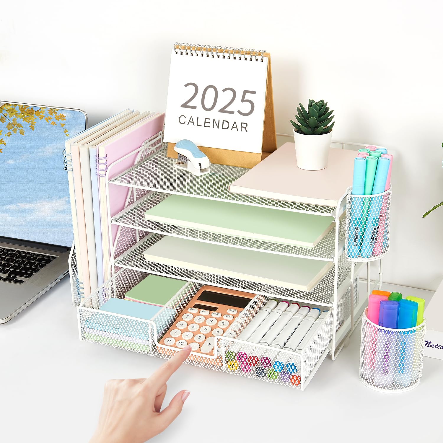 gianotter Desk Organizers and Accessories with File Holder, 4-Tier Desk Accessories & Workspace Organizers with Drawer and 2 Pen Holder, Paper Organizer for Office Supplies (Rose Gold)