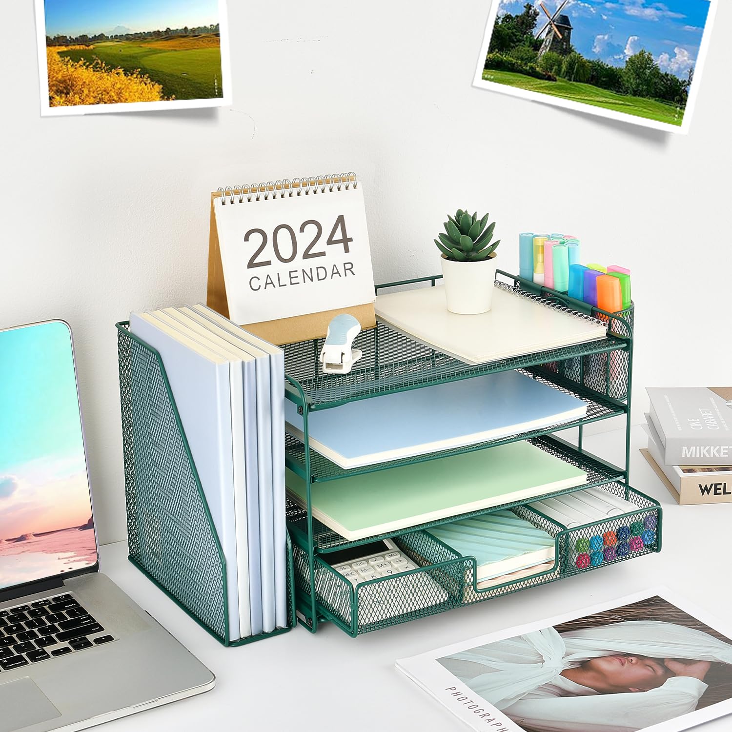 gianotter Desk Organizers and Accessories with File Holder, 4-Tier Desk Accessories & Workspace Organizers with Drawer and 2 Pen Holder, Paper Organizer for Office Supplies (Rose Gold)