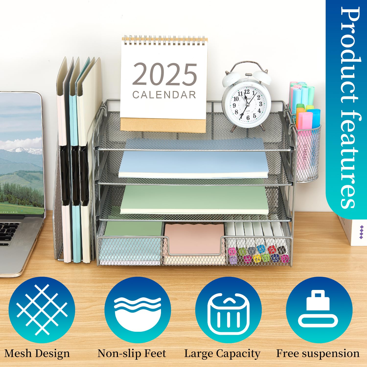 gianotter Desk Organizers and Accessories with File Holder, 4-Tier Desk Accessories & Workspace Organizers with Drawer and 2 Pen Holder, Paper Organizer for Office Supplies (Rose Gold)