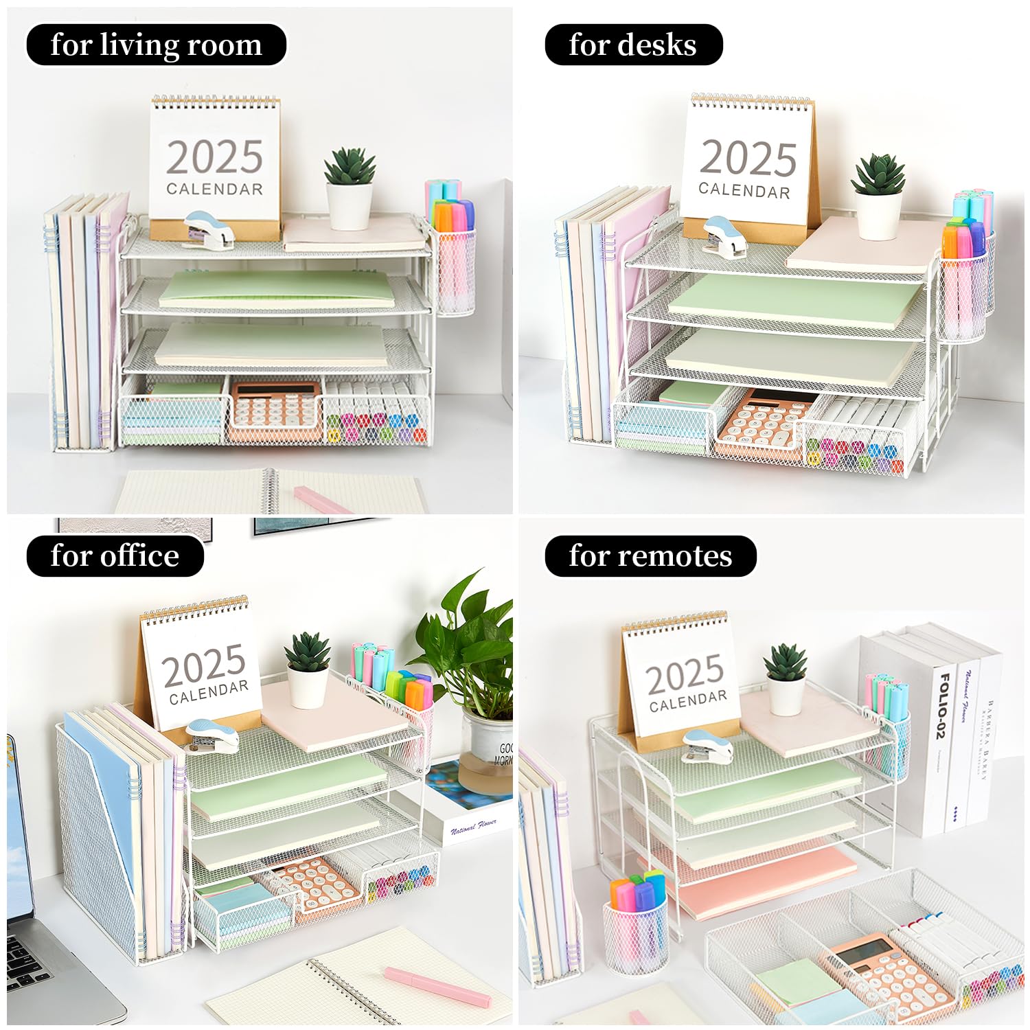 gianotter Desk Organizers and Accessories with File Holder, 4-Tier Desk Accessories & Workspace Organizers with Drawer and 2 Pen Holder, Paper Organizer for Office Supplies (Rose Gold)