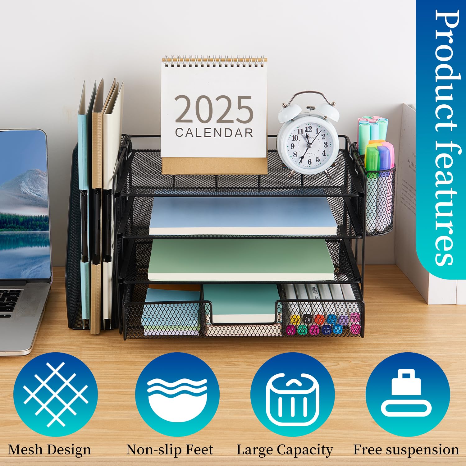 gianotter Desk Organizers and Accessories with File Holder, 4-Tier Desk Accessories & Workspace Organizers with Drawer and 2 Pen Holder, Paper Organizer for Office Supplies (Rose Gold)