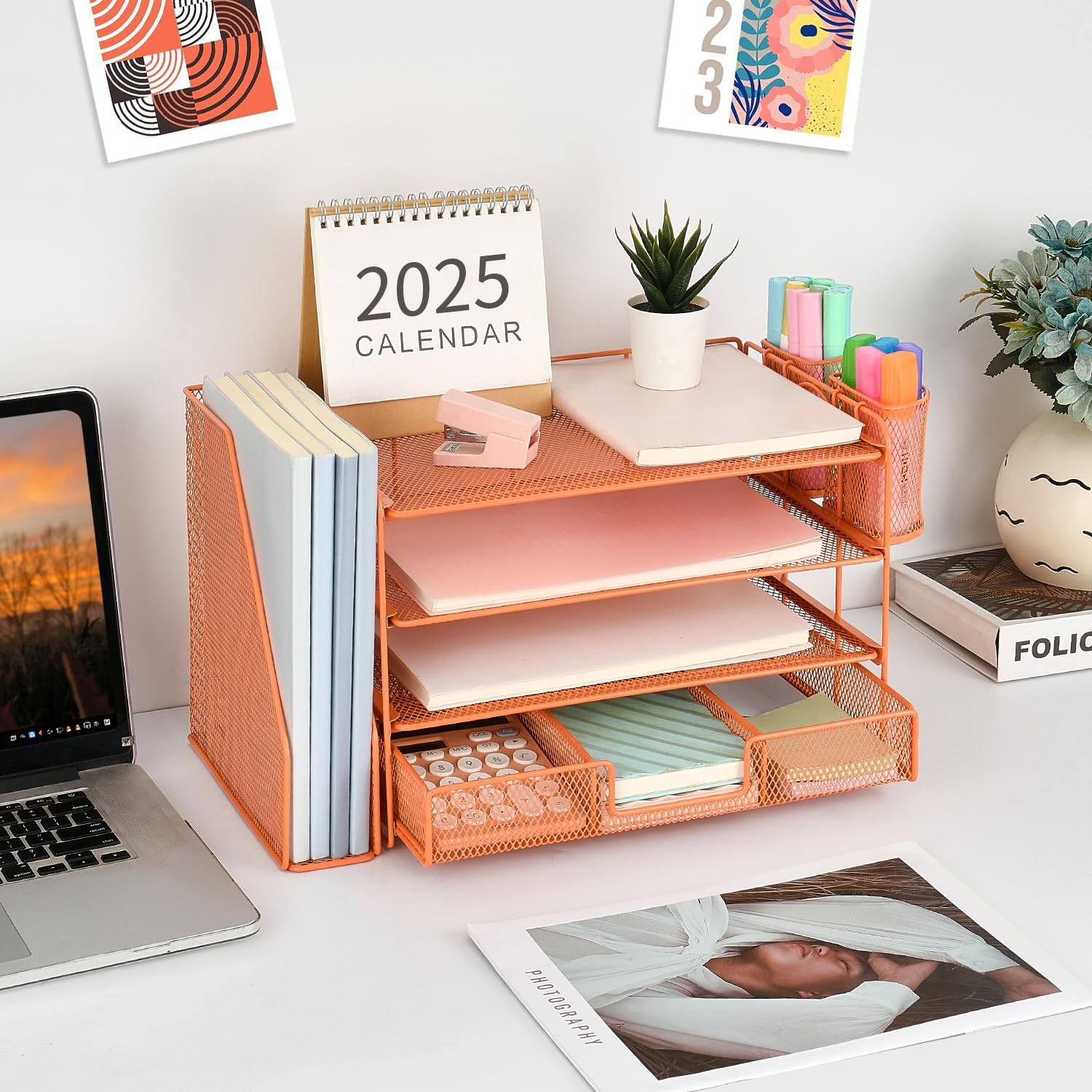 gianotter Desk Organizers and Accessories with File Holder, 4-Tier Desk Accessories & Workspace Organizers with Drawer and 2 Pen Holder, Paper Organizer for Office Supplies (Rose Gold)