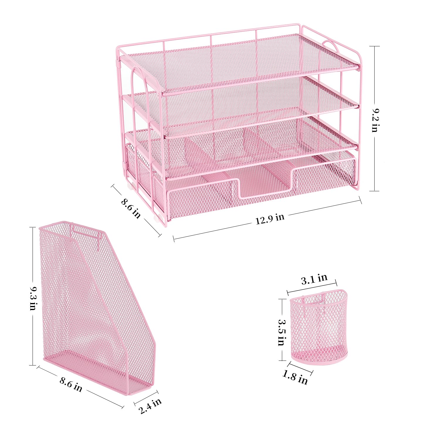 gianotter Desk Organizers and Accessories with File Holder, 4-Tier Desk Accessories & Workspace Organizers with Drawer and 2 Pen Holder, Paper Organizer for Office Supplies (Rose Gold)