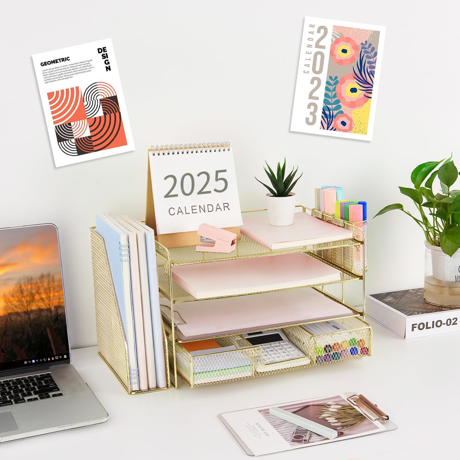 gianotter Desk Organizers and Accessories with File Holder, 4-Tier Desk Accessories & Workspace Organizers with Drawer and 2 Pen Holder, Paper Organizer for Office Supplies (Rose Gold)