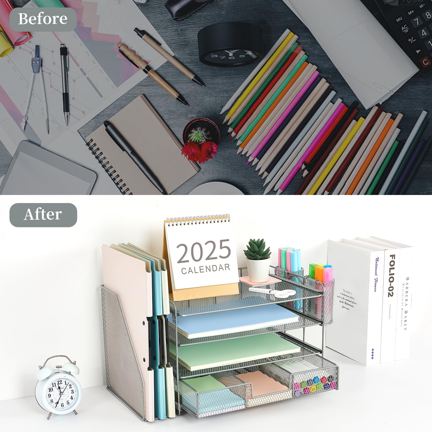 gianotter Desk Organizers and Accessories with File Holder, 4-Tier Desk Accessories & Workspace Organizers with Drawer and 2 Pen Holder, Paper Organizer for Office Supplies (Rose Gold)