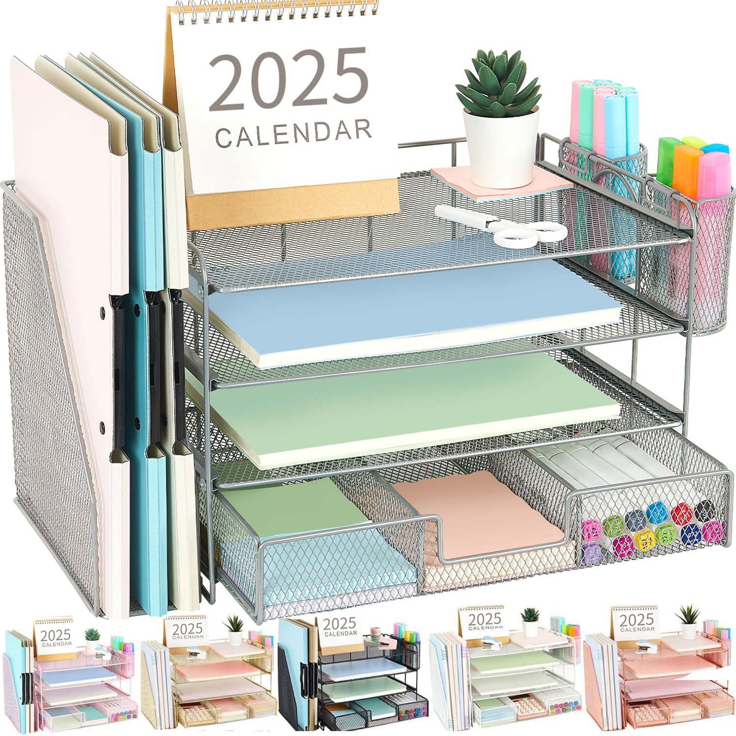 gianotter Desk Organizers and Accessories with File Holder, 4-Tier Desk Accessories & Workspace Organizers with Drawer and 2 Pen Holder, Paper Organizer for Office Supplies (Rose Gold)