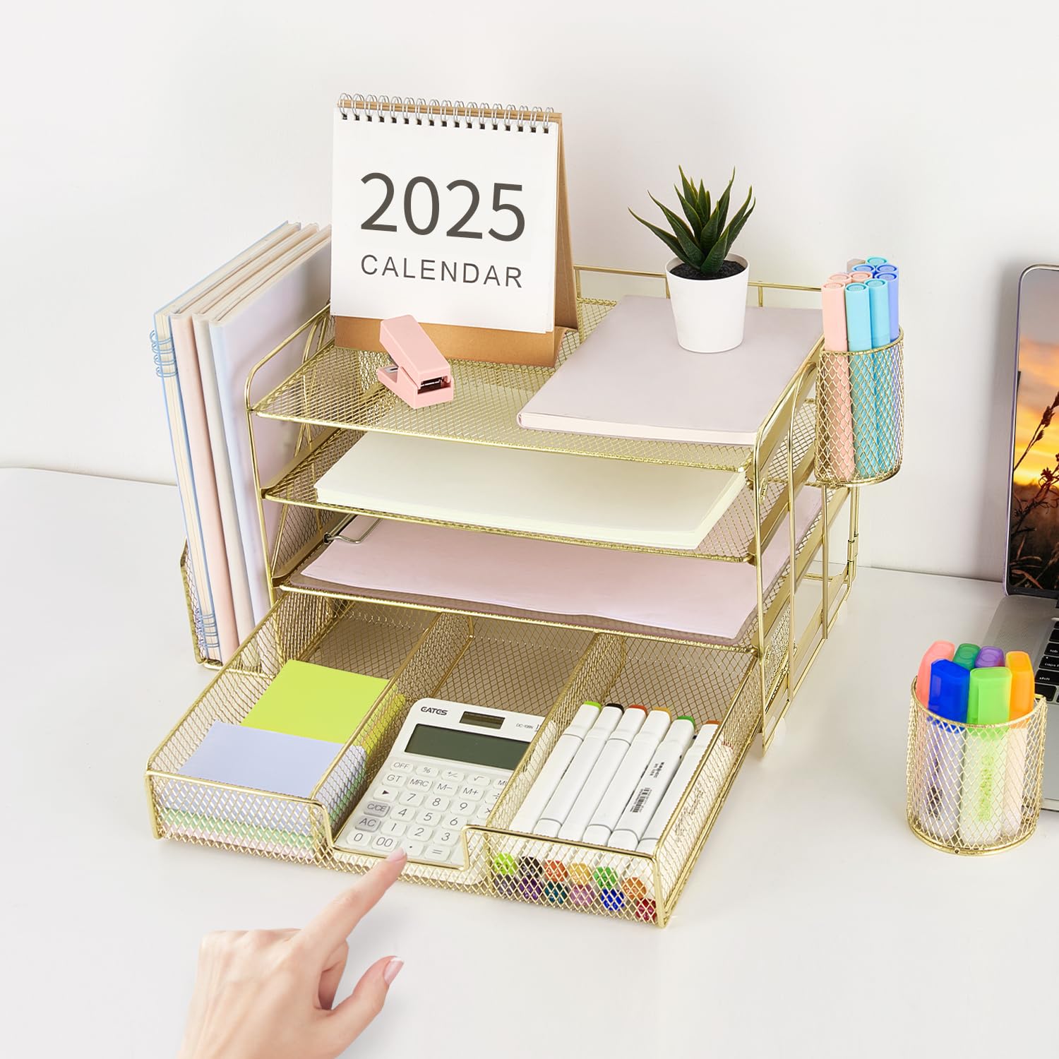 gianotter Desk Organizers and Accessories with File Holder, 4-Tier Desk Accessories & Workspace Organizers with Drawer and 2 Pen Holder, Paper Organizer for Office Supplies (Rose Gold)