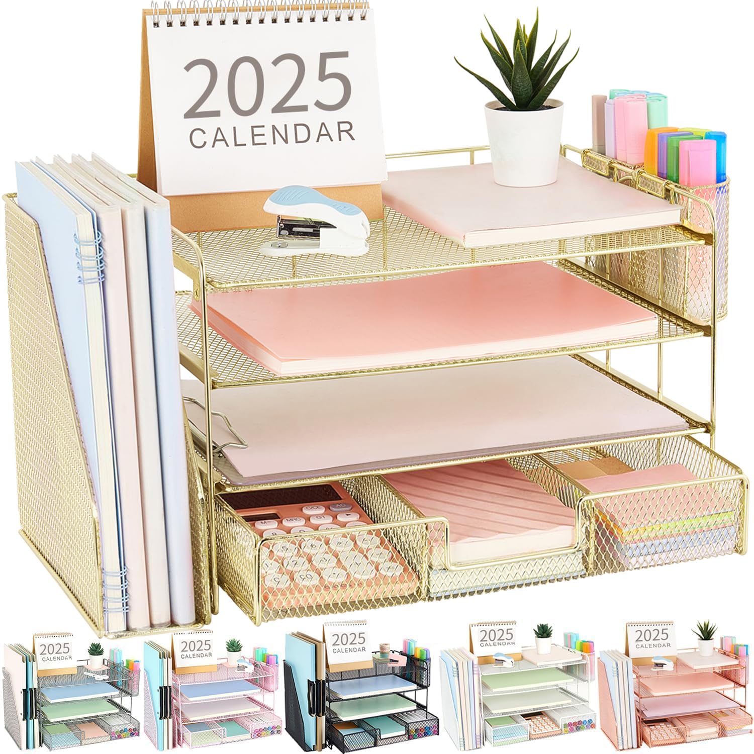 gianotter Desk Organizers and Accessories with File Holder, 4-Tier Desk Accessories & Workspace Organizers with Drawer and 2 Pen Holder, Paper Organizer for Office Supplies (Rose Gold)