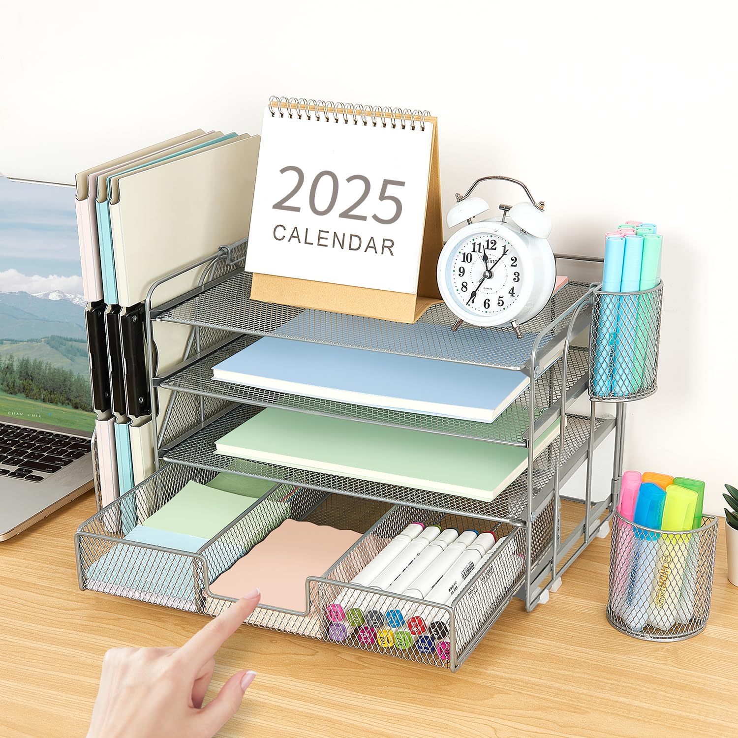 gianotter Desk Organizers and Accessories with File Holder, 4-Tier Desk Accessories & Workspace Organizers with Drawer and 2 Pen Holder, Paper Organizer for Office Supplies (Rose Gold)