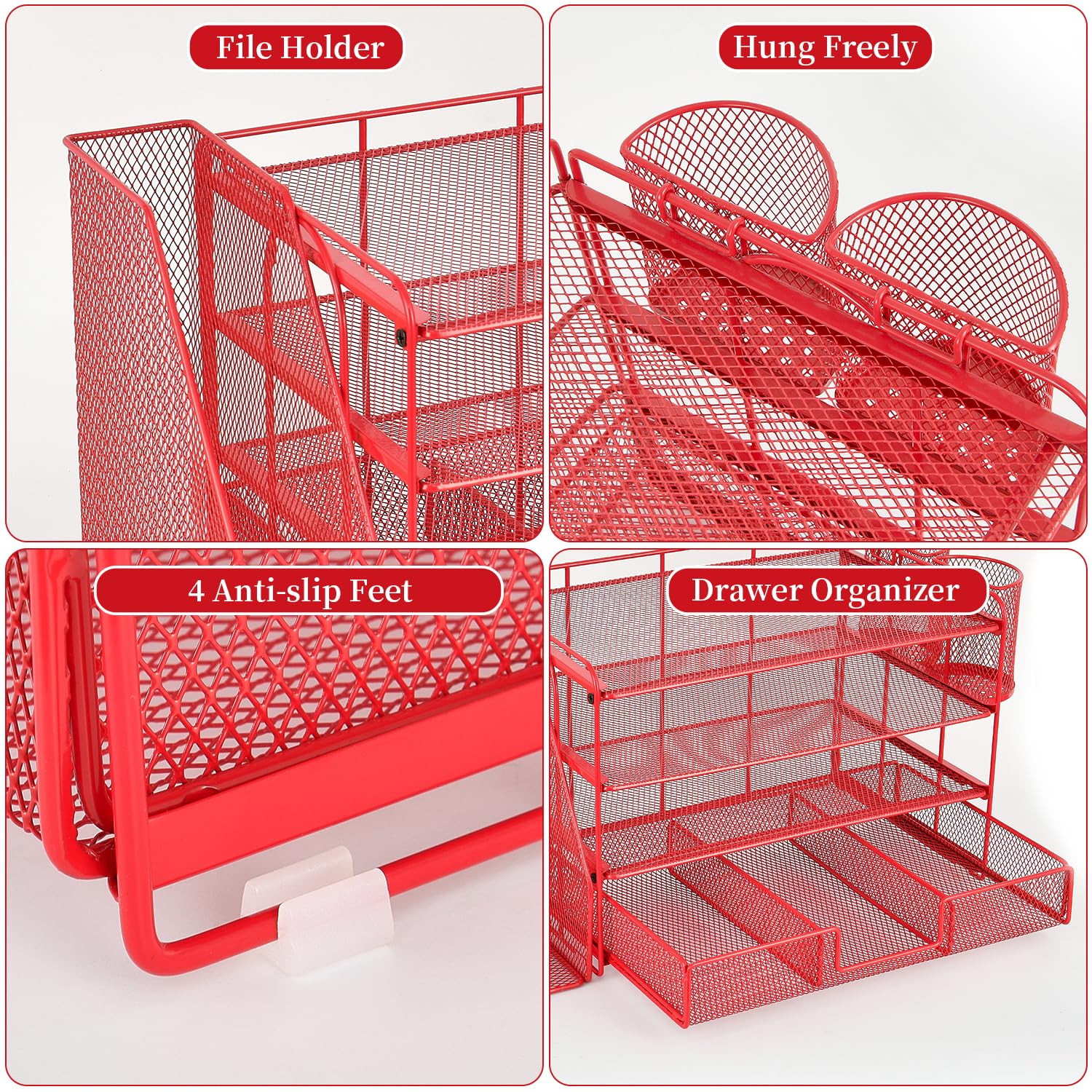 gianotter Desk Organizers and Accessories with File Holder, 4-Tier Desk Accessories & Workspace Organizers with Drawer and 2 Pen Holder, Paper Organizer for Office Supplies (Rose Gold)