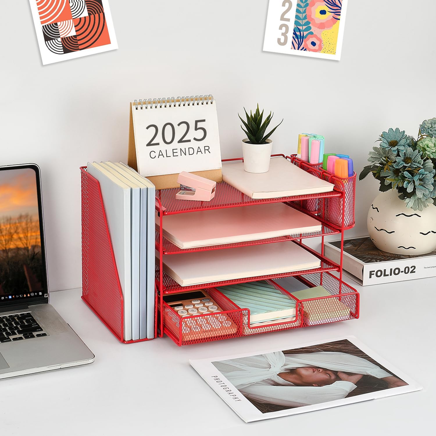 gianotter Desk Organizers and Accessories with File Holder, 4-Tier Desk Accessories & Workspace Organizers with Drawer and 2 Pen Holder, Paper Organizer for Office Supplies (Rose Gold)