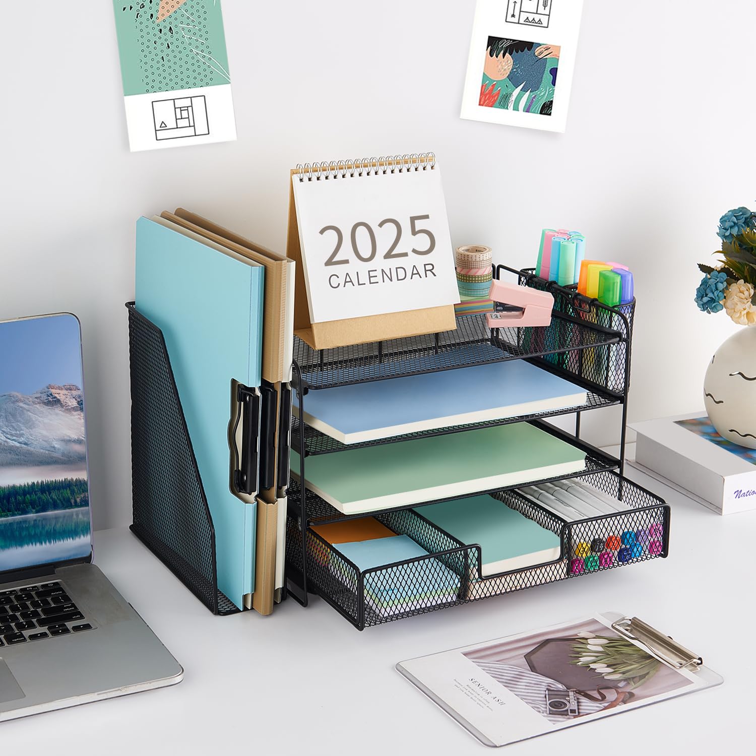 gianotter Desk Organizers and Accessories with File Holder, 4-Tier Desk Accessories & Workspace Organizers with Drawer and 2 Pen Holder, Paper Organizer for Office Supplies (Rose Gold)