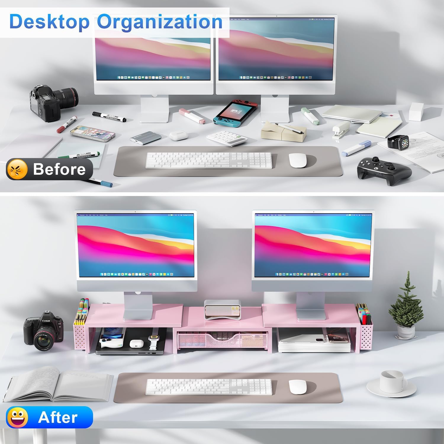 gianotter Dual Monitor Stand Riser, Desk Organizer With Drawer and 2 Pen Holders, Computer Monitor Stand, Desk Shelf for Top of Desk, Balck