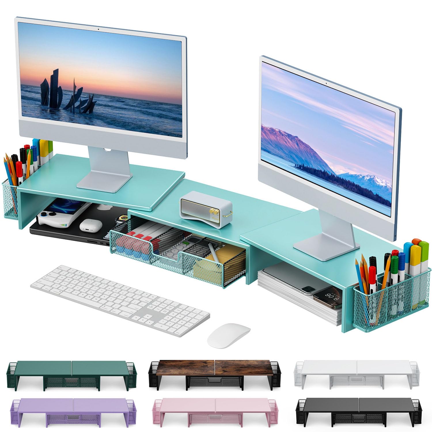 gianotter Dual Monitor Stand Riser, Desk Organizer With Drawer and 2 Pen Holders, Computer Monitor Stand, Desk Shelf for Top of Desk, Balck