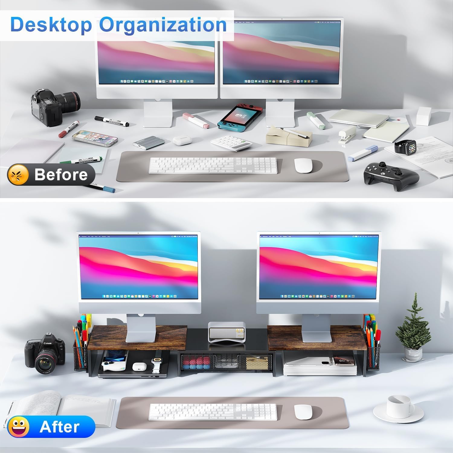 gianotter Dual Monitor Stand Riser, Desk Organizer With Drawer and 2 Pen Holders, Computer Monitor Stand, Desk Shelf for Top of Desk, Balck