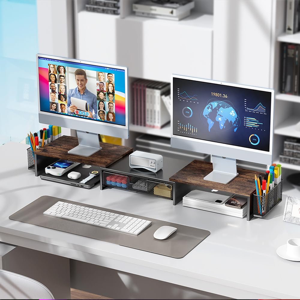gianotter Dual Monitor Stand Riser, Desk Organizer With Drawer and 2 Pen Holders, Computer Monitor Stand, Desk Shelf for Top of Desk, Balck