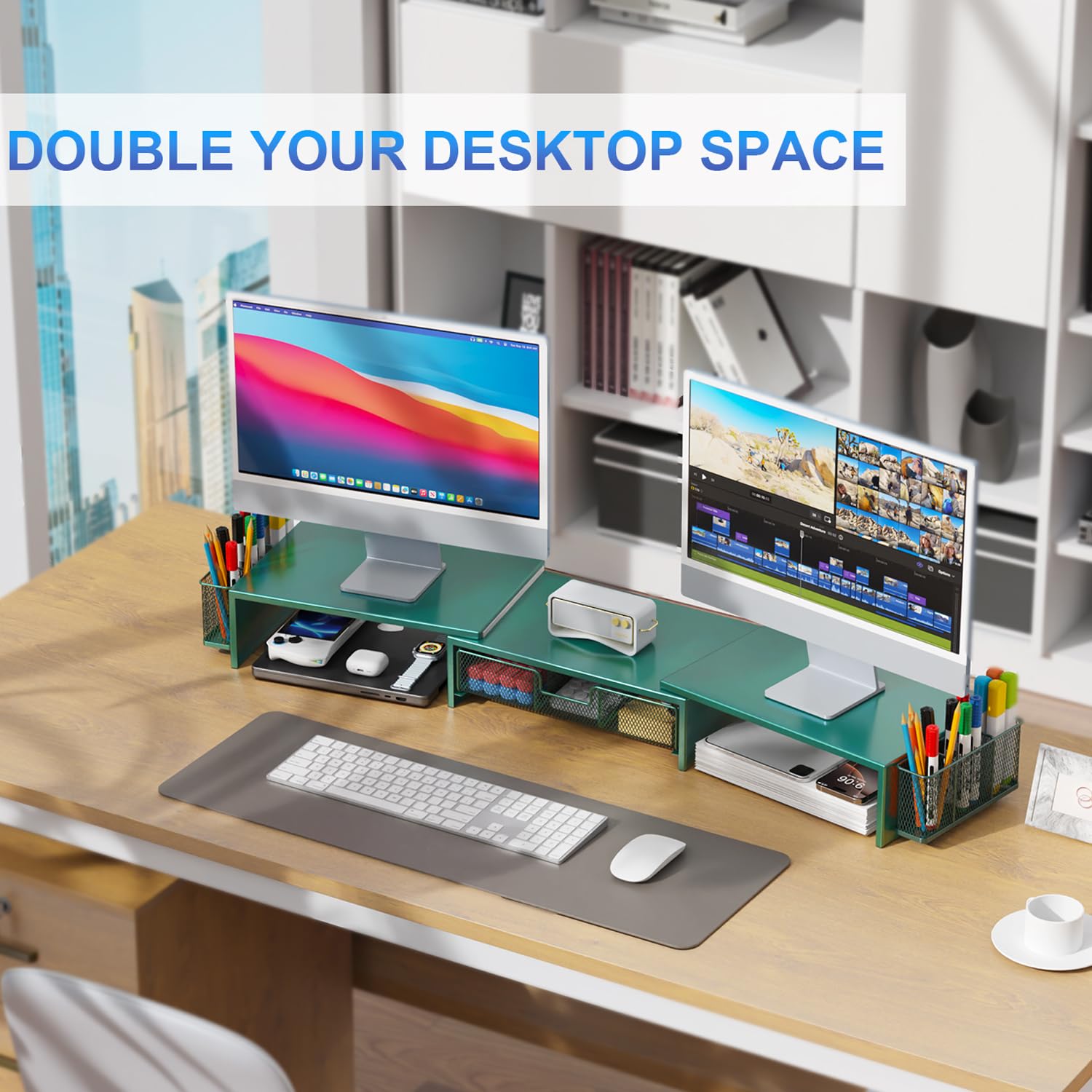 gianotter Dual Monitor Stand Riser, Desk Organizer With Drawer and 2 Pen Holders, Computer Monitor Stand, Desk Shelf for Top of Desk, Balck