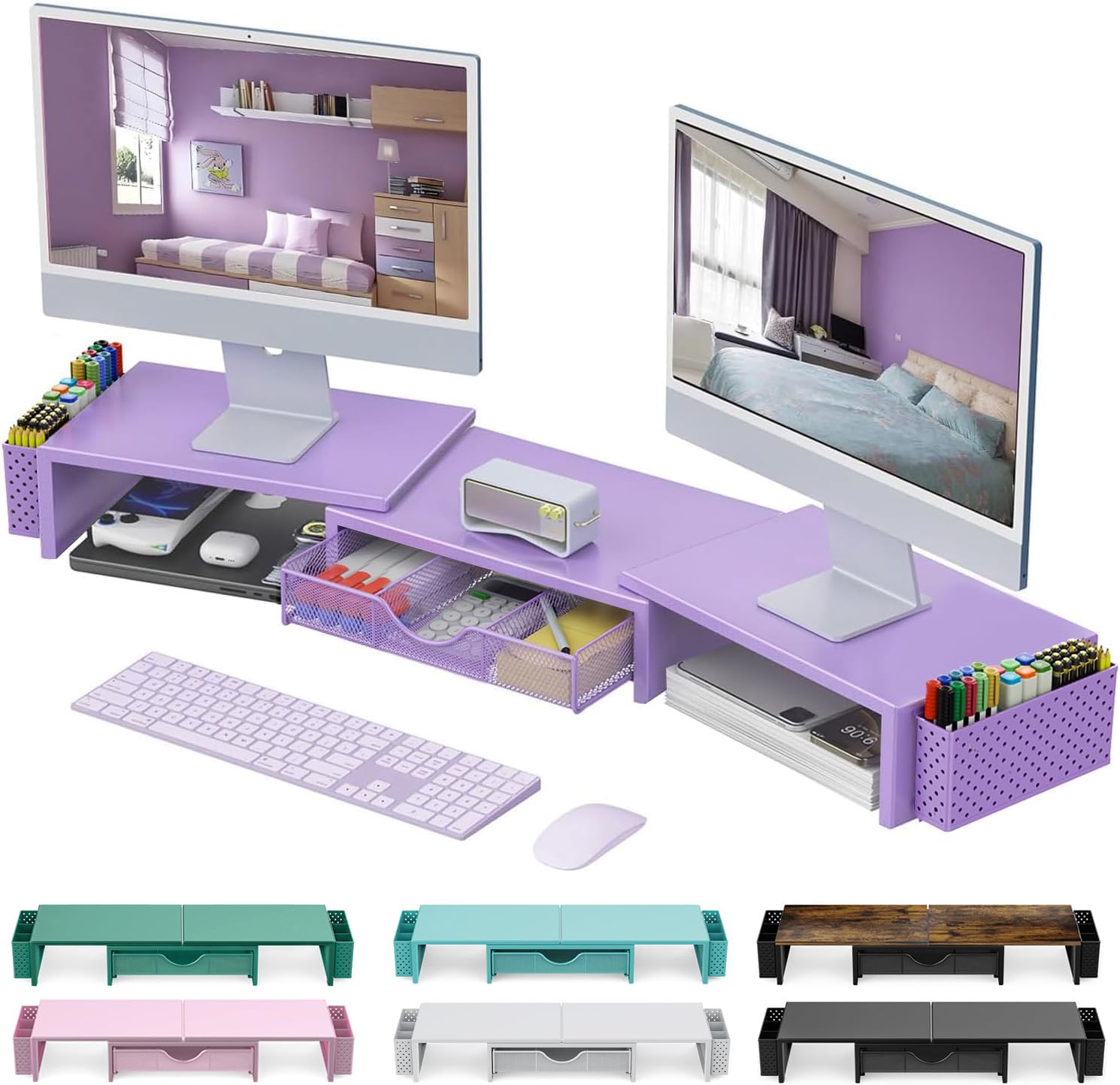 gianotter Dual Monitor Stand Riser, Desk Organizer With Drawer and 2 Pen Holders, Computer Monitor Stand, Desk Shelf for Top of Desk, Balck