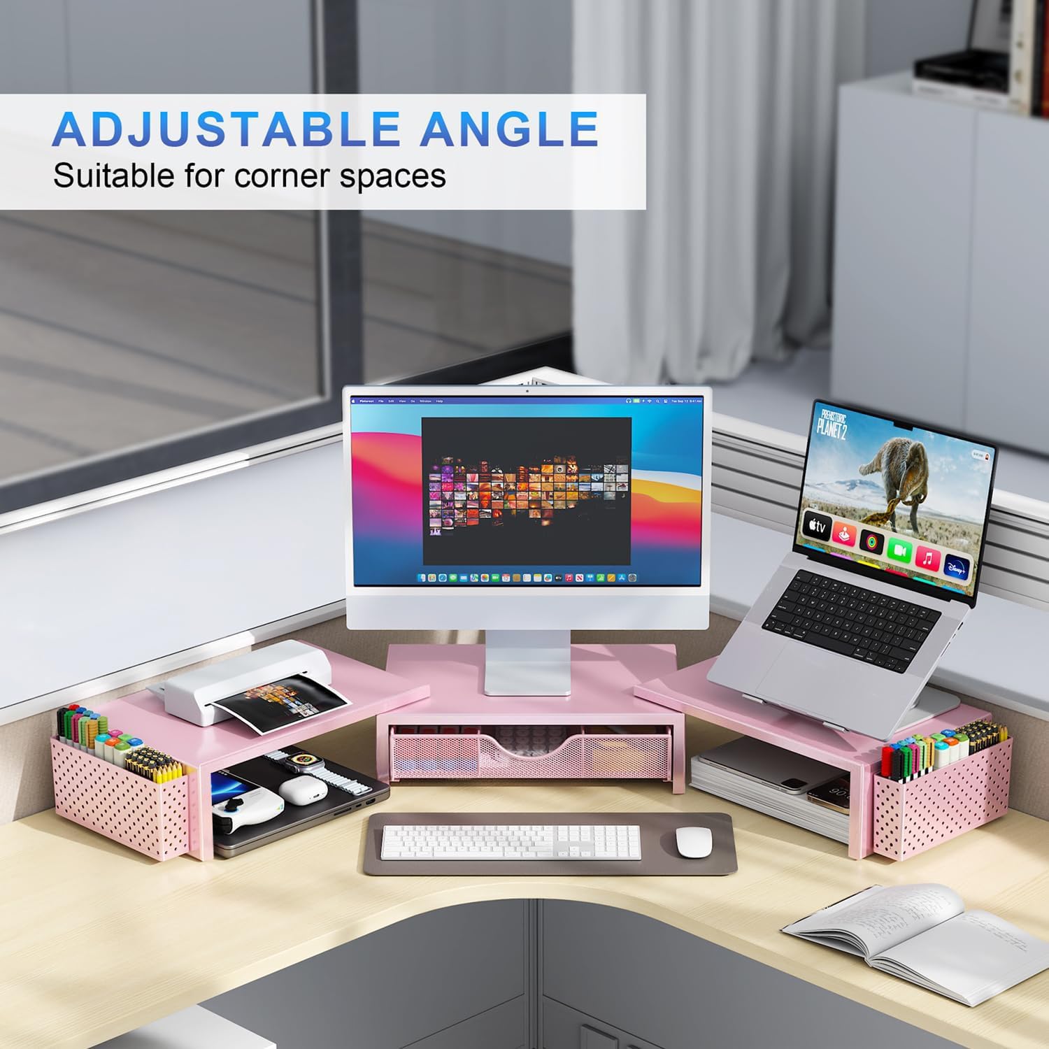 gianotter Dual Monitor Stand Riser, Desk Organizer With Drawer and 2 Pen Holders, Computer Monitor Stand, Desk Shelf for Top of Desk, Balck