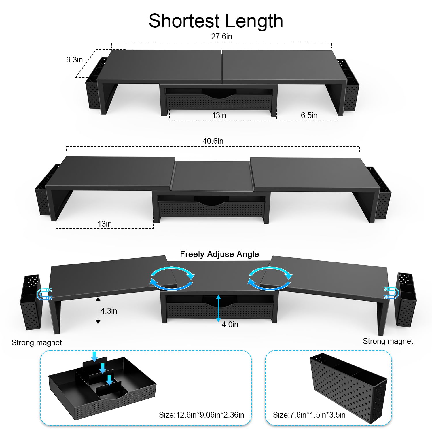 gianotter Dual Monitor Stand Riser, Desk Organizer With Drawer and 2 Pen Holders, Computer Monitor Stand, Desk Shelf for Top of Desk, Balck