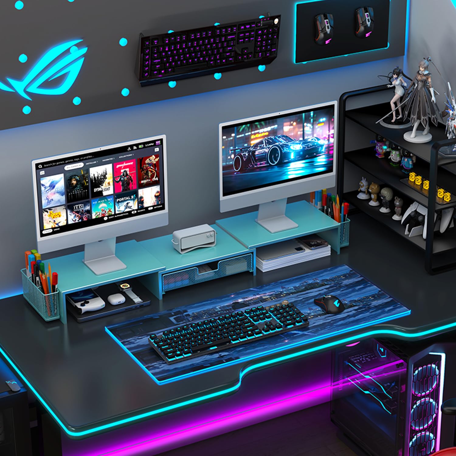 gianotter Dual Monitor Stand Riser, Desk Organizer With Drawer and 2 Pen Holders, Computer Monitor Stand, Desk Shelf for Top of Desk, Balck