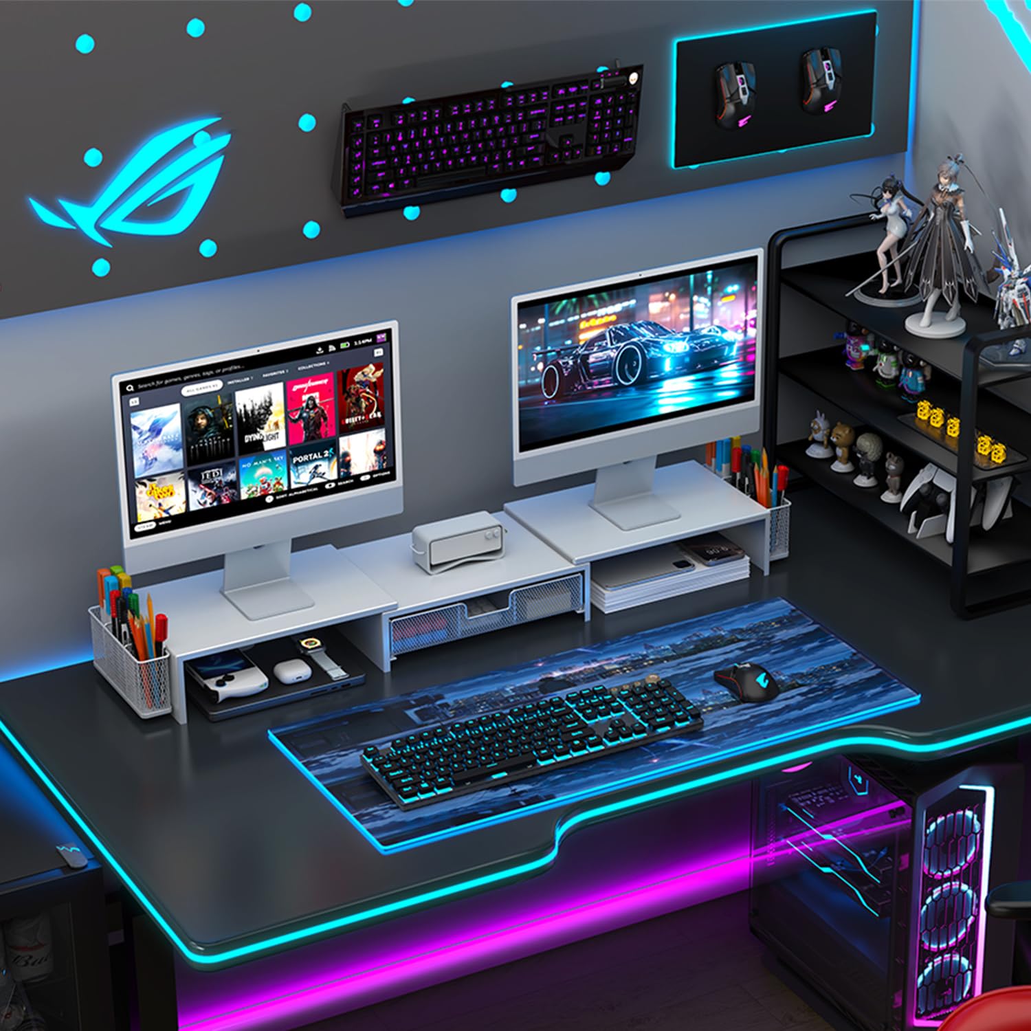 gianotter Dual Monitor Stand Riser, Desk Organizer With Drawer and 2 Pen Holders, Computer Monitor Stand, Desk Shelf for Top of Desk, Balck