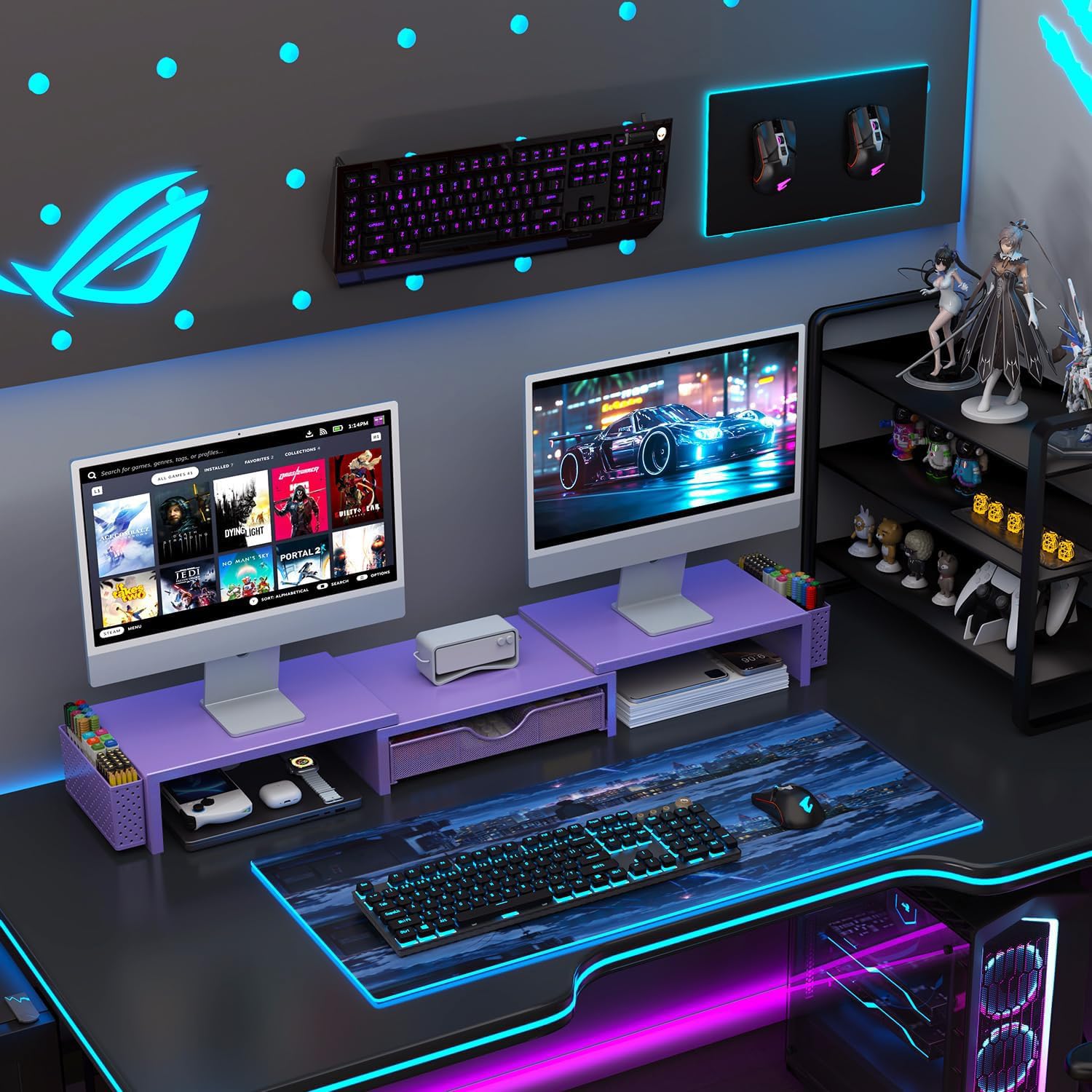 gianotter Dual Monitor Stand Riser, Desk Organizer With Drawer and 2 Pen Holders, Computer Monitor Stand, Desk Shelf for Top of Desk, Balck