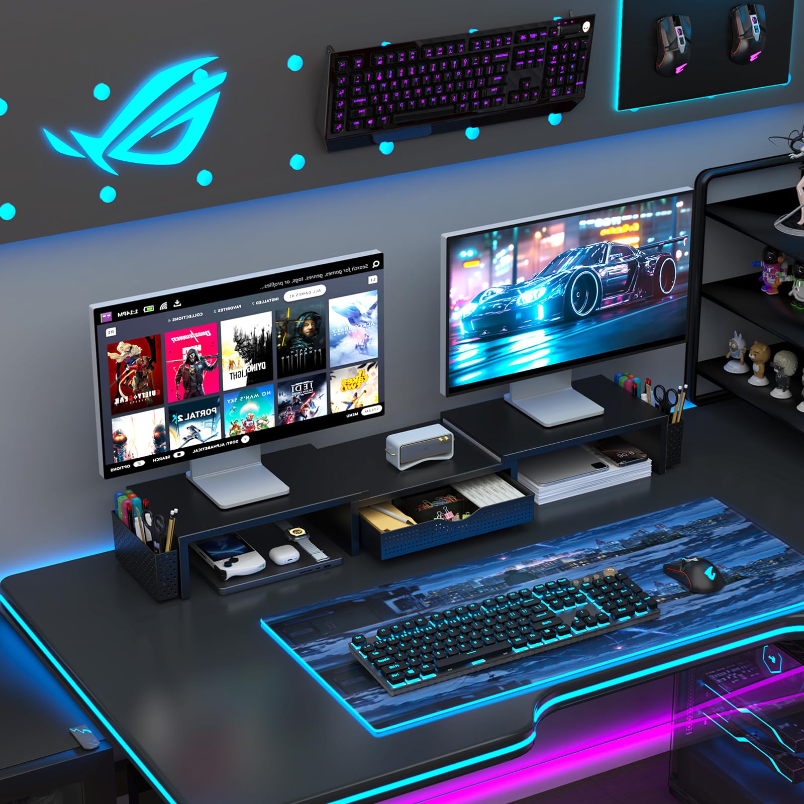 gianotter Dual Monitor Stand Riser, Desk Organizer With Drawer and 2 Pen Holders, Computer Monitor Stand, Desk Shelf for Top of Desk, Balck