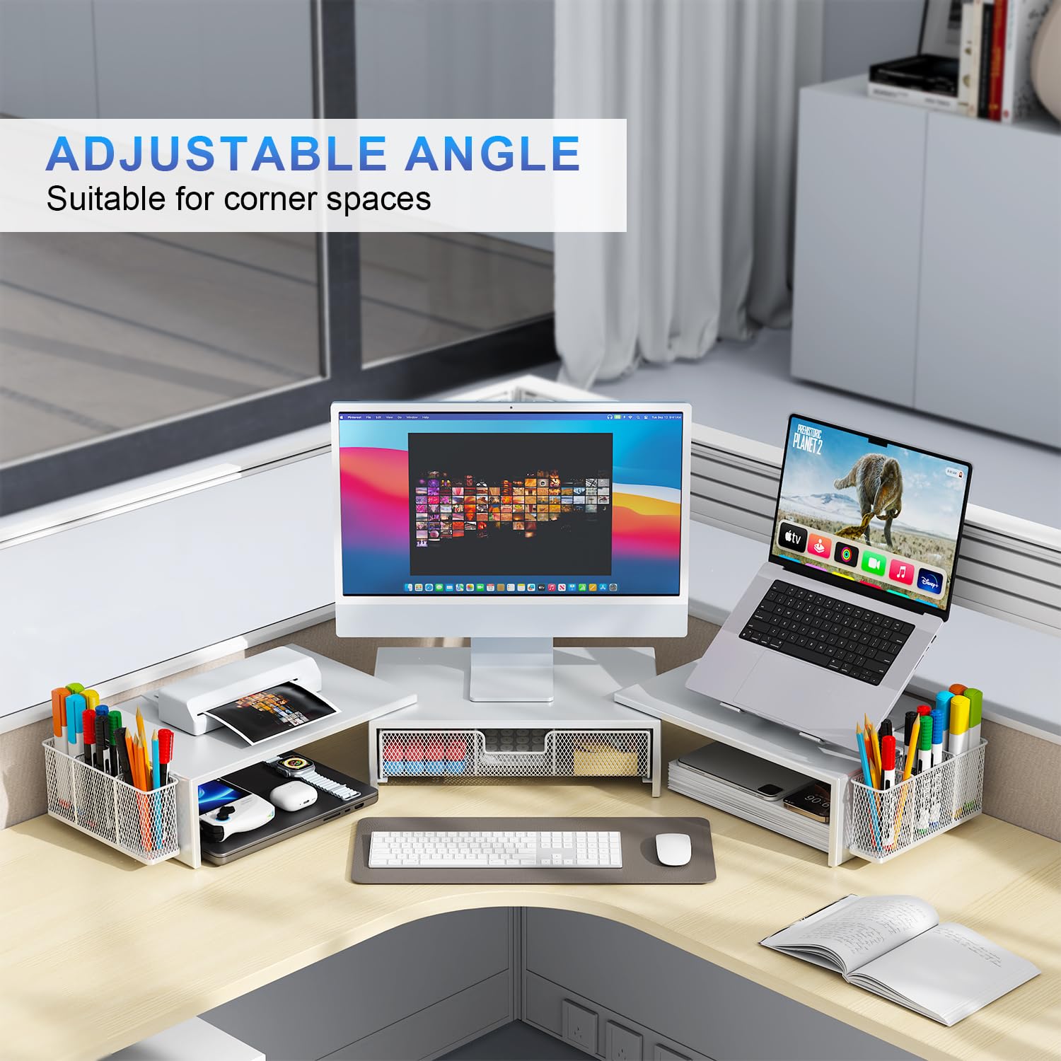 gianotter Dual Monitor Stand Riser, Desk Organizer With Drawer and 2 Pen Holders, Computer Monitor Stand, Desk Shelf for Top of Desk, Balck