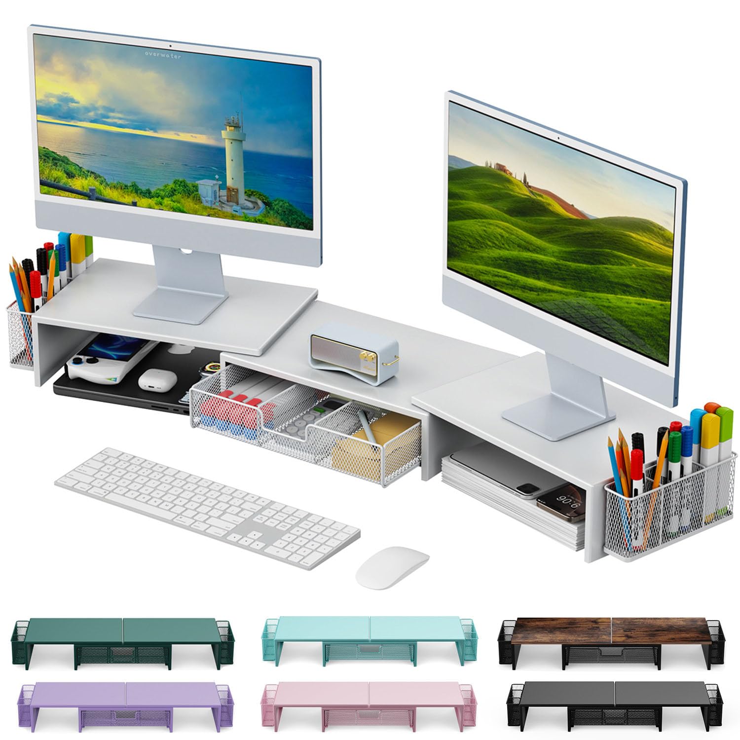 gianotter Dual Monitor Stand Riser, Desk Organizer With Drawer and 2 Pen Holders, Computer Monitor Stand, Desk Shelf for Top of Desk, Balck