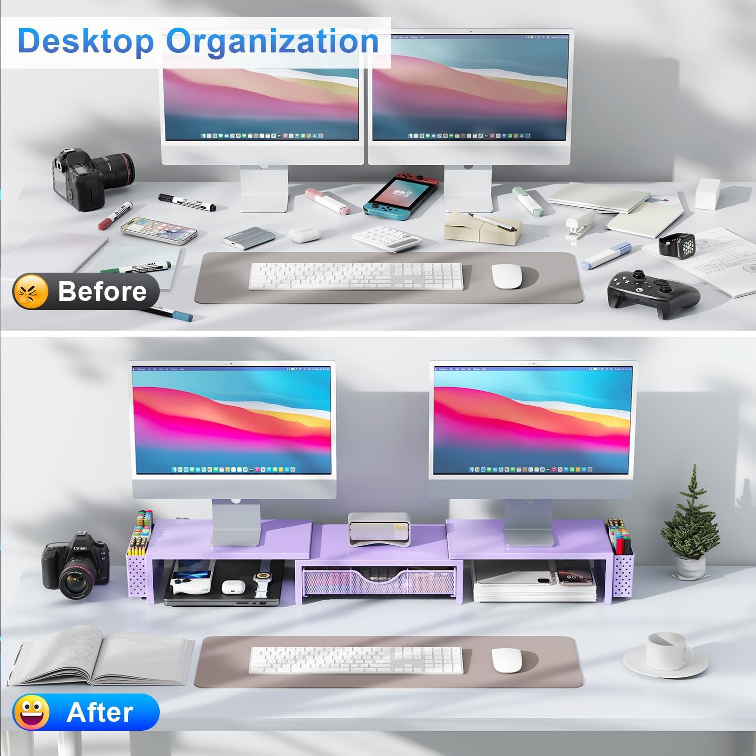 gianotter Dual Monitor Stand Riser, Desk Organizer With Drawer and 2 Pen Holders, Computer Monitor Stand, Desk Shelf for Top of Desk, Balck