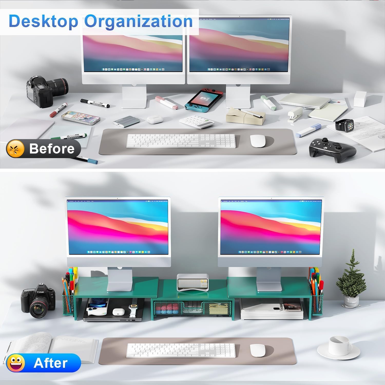 gianotter Dual Monitor Stand Riser, Desk Organizer With Drawer and 2 Pen Holders, Computer Monitor Stand, Desk Shelf for Top of Desk, Balck