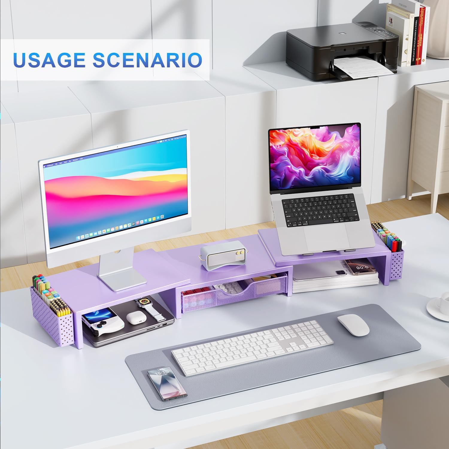 gianotter Dual Monitor Stand Riser, Desk Organizer With Drawer and 2 Pen Holders, Computer Monitor Stand, Desk Shelf for Top of Desk, Balck