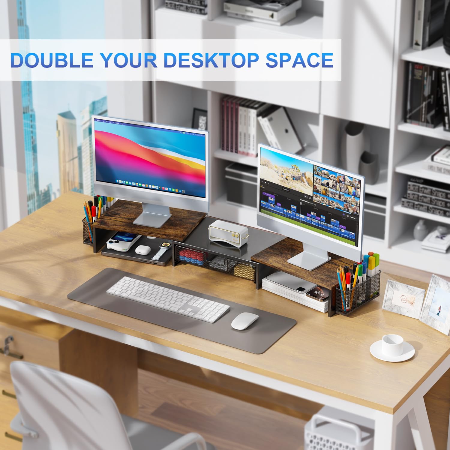 gianotter Dual Monitor Stand Riser, Desk Organizer With Drawer and 2 Pen Holders, Computer Monitor Stand, Desk Shelf for Top of Desk, Balck