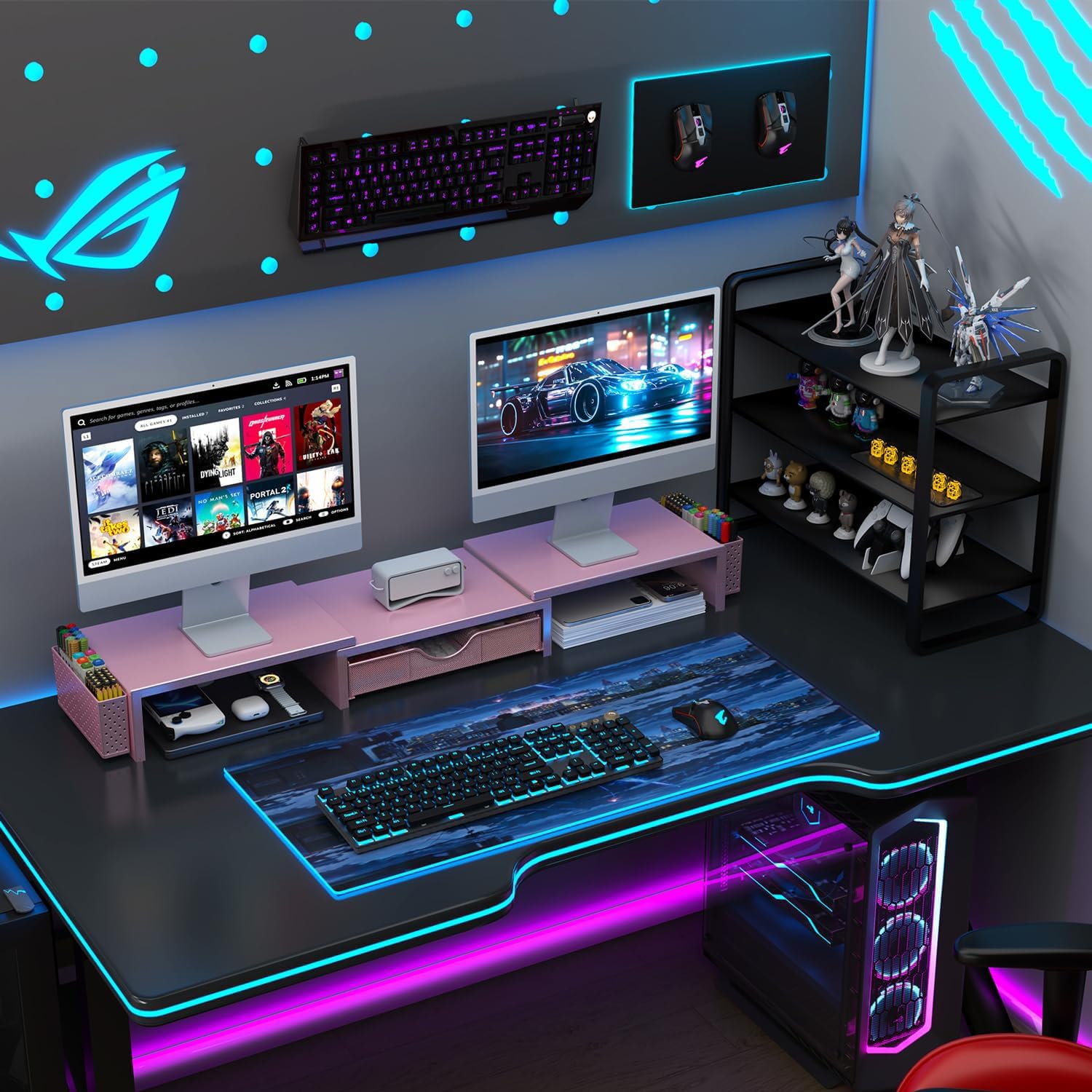 gianotter Dual Monitor Stand Riser, Desk Organizer With Drawer and 2 Pen Holders, Computer Monitor Stand, Desk Shelf for Top of Desk, Balck