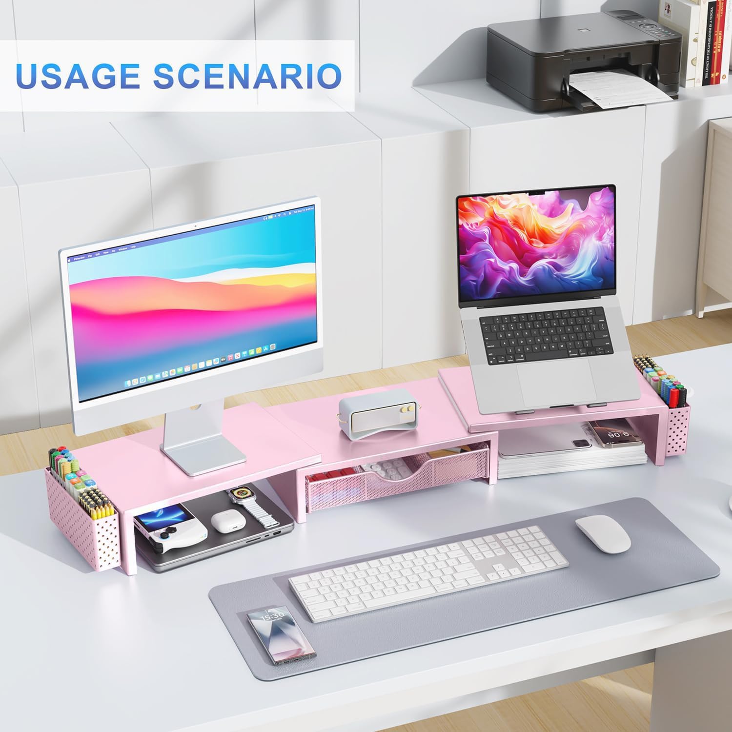 gianotter Dual Monitor Stand Riser, Desk Organizer With Drawer and 2 Pen Holders, Computer Monitor Stand, Desk Shelf for Top of Desk, Balck