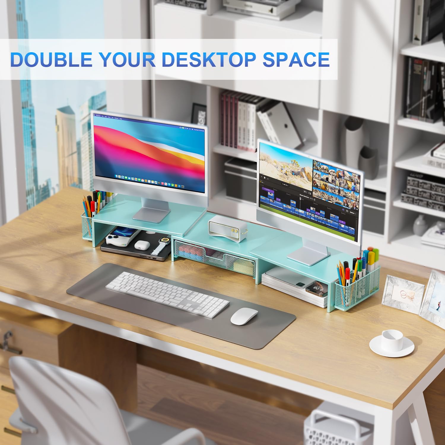 gianotter Dual Monitor Stand Riser, Desk Organizer With Drawer and 2 Pen Holders, Computer Monitor Stand, Desk Shelf for Top of Desk, Balck