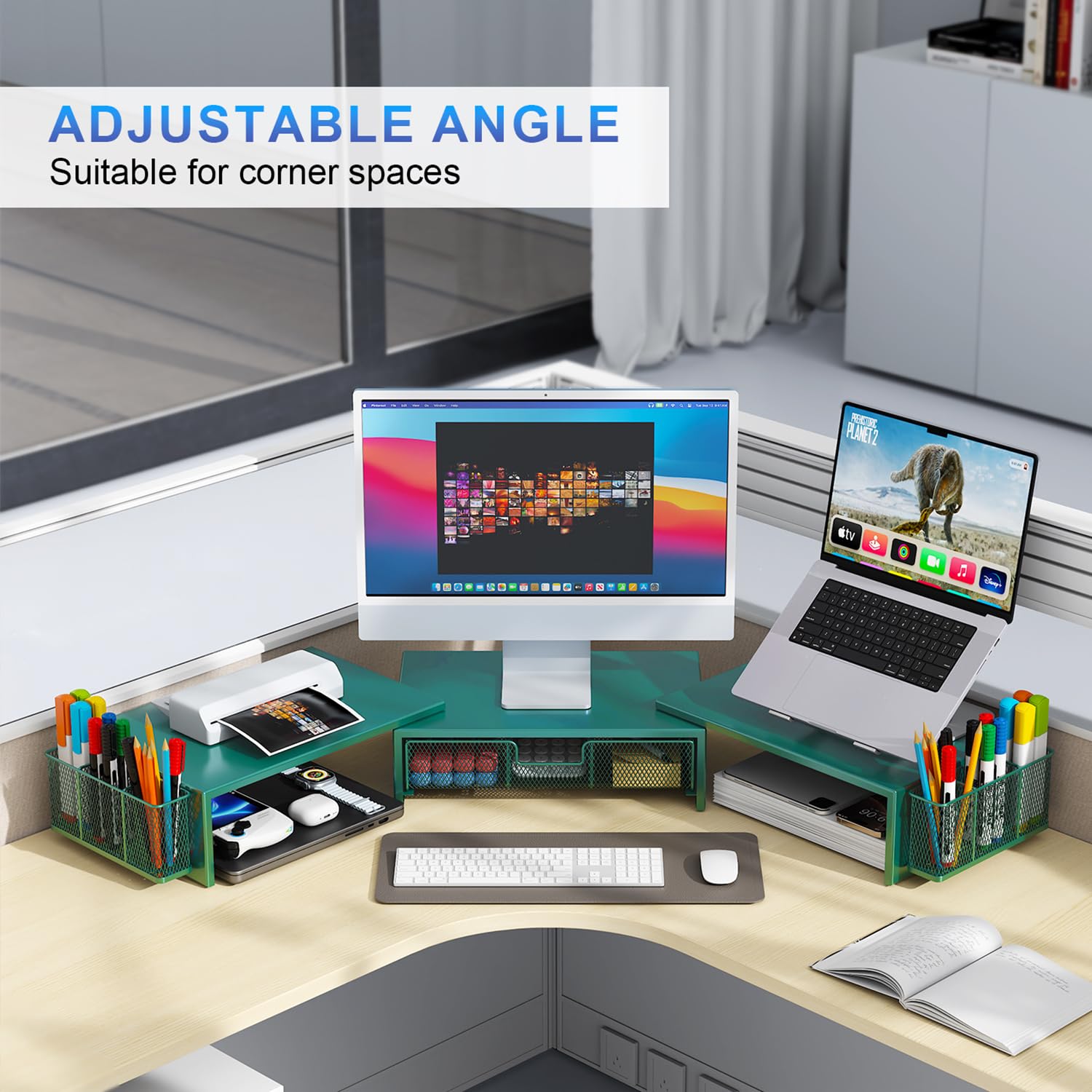 gianotter Dual Monitor Stand Riser, Desk Organizer With Drawer and 2 Pen Holders, Computer Monitor Stand, Desk Shelf for Top of Desk, Balck