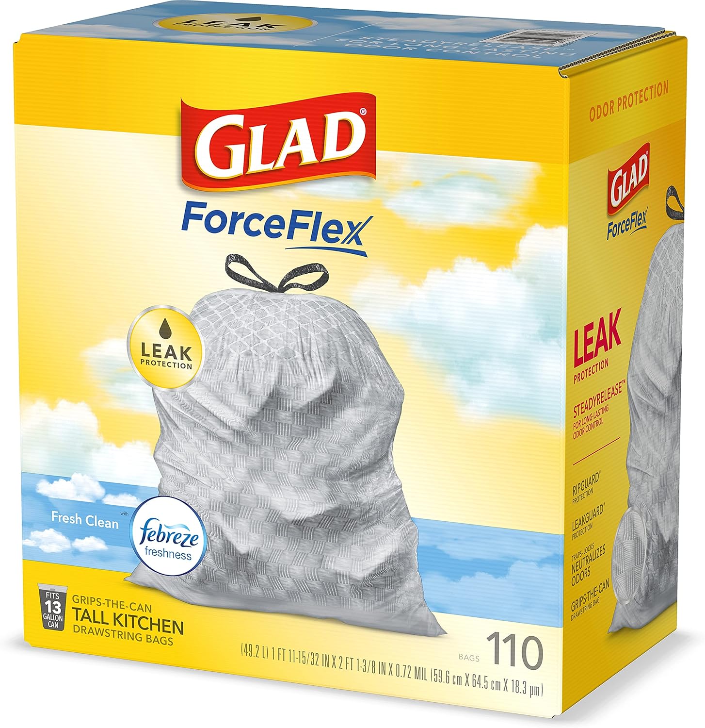 Glad ForceFlex Tall Kitchen Drawstring Trash Bags, 13 Gal, Gain Lemon Zest, 40 Ct (Package May Vary)