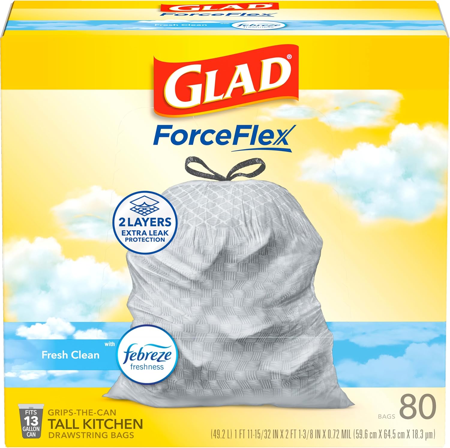 Glad ForceFlex Tall Kitchen Drawstring Trash Bags, 13 Gal, Gain Lemon Zest, 40 Ct (Package May Vary)