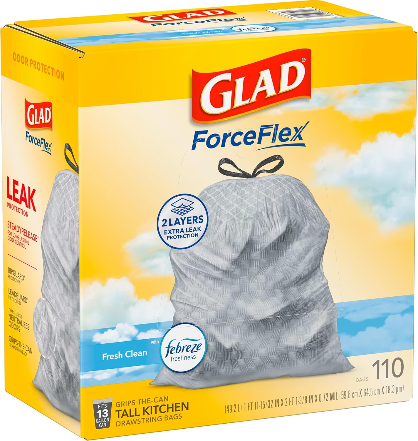 Glad ForceFlex Tall Kitchen Drawstring Trash Bags, 13 Gal, Gain Lemon Zest, 40 Ct (Package May Vary)